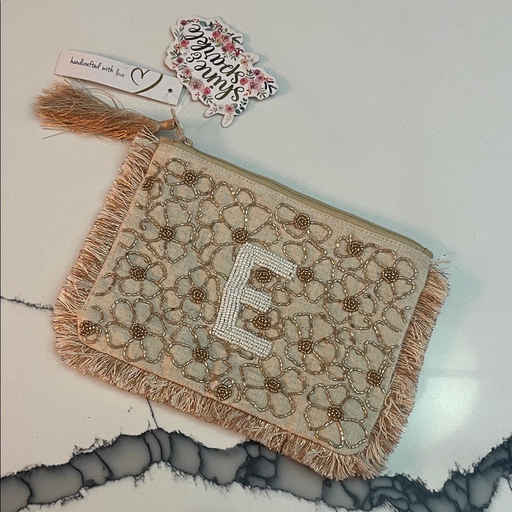 Letter E Handcrafted Beige Clutch with Fringe